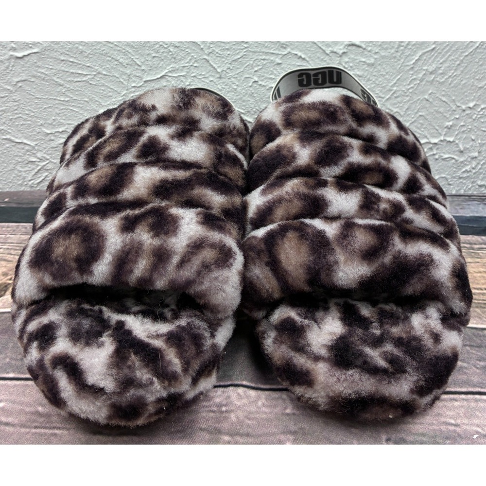 UGG Fluff Yeah Slide Panther Print Slippers Womens 9 Leopard Logo Strap 1120903 - Picture 2 of 8